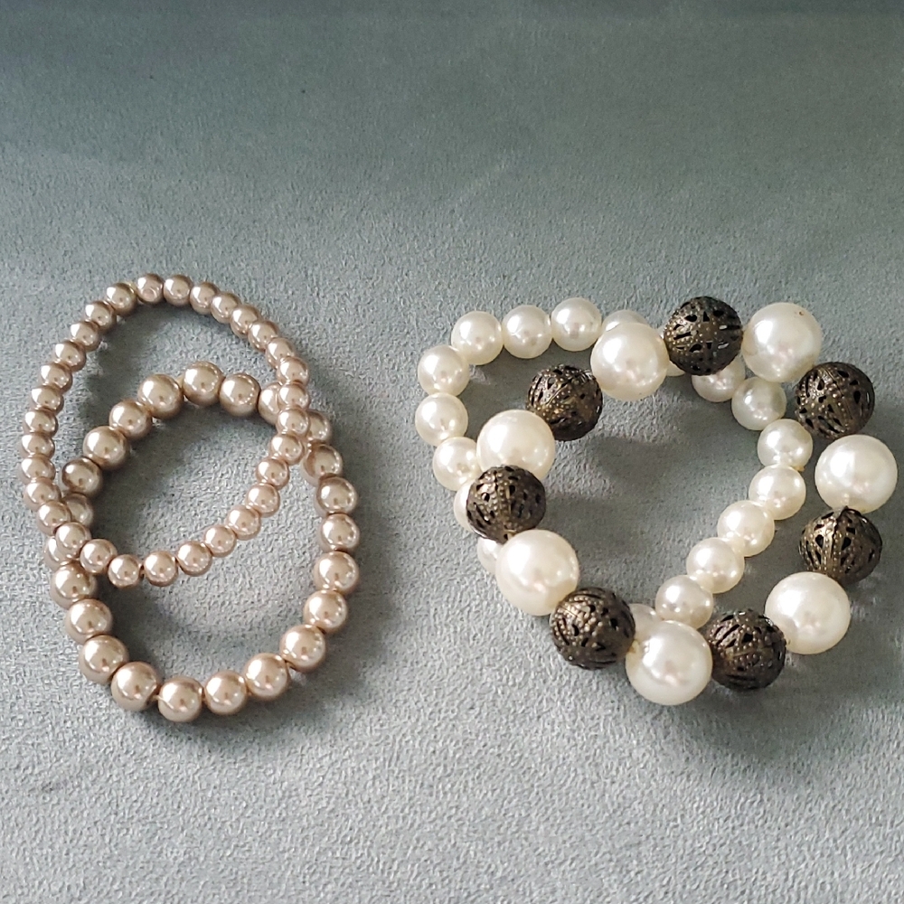 Elegant Pearl and Bronze Beaded Bracelet Set